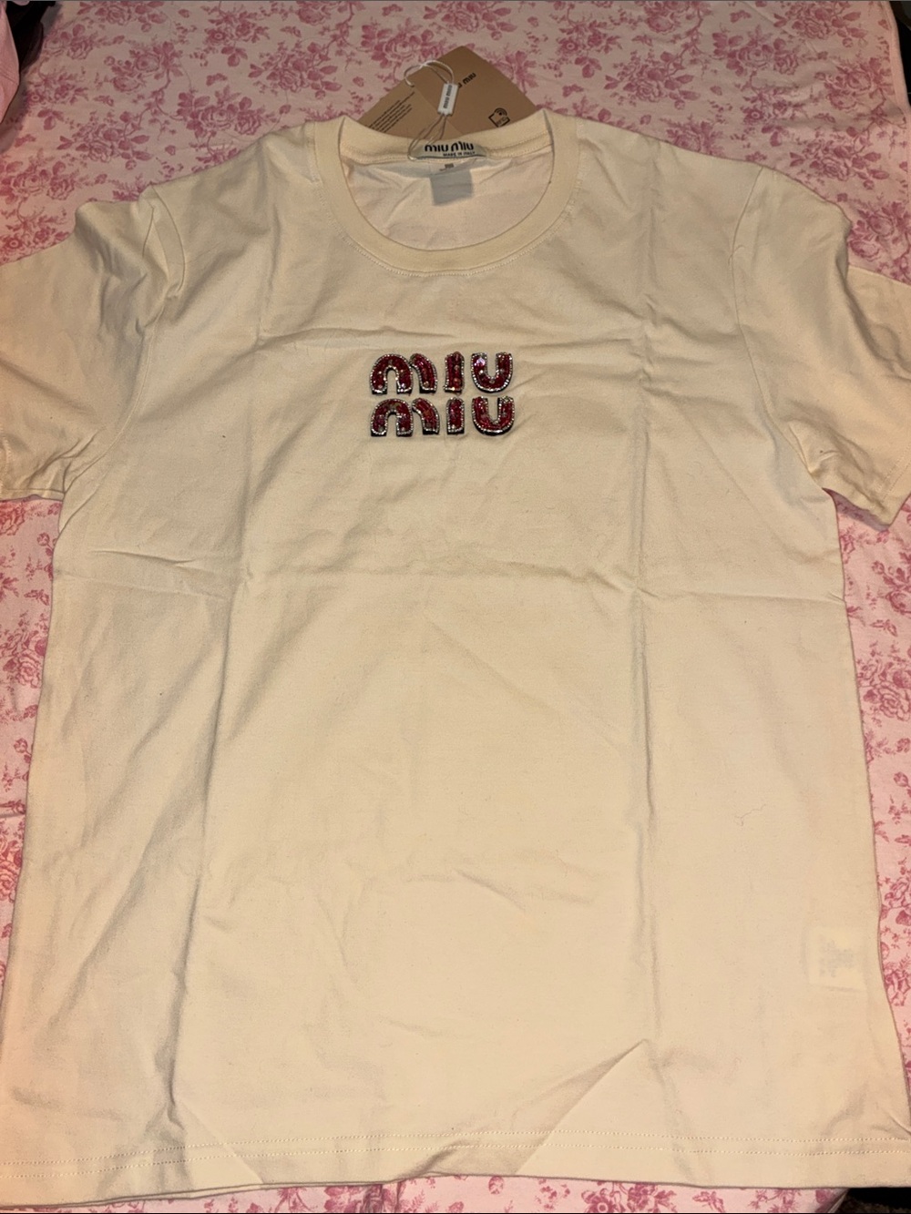 Miu Miu Cream Short-Sleeve Tee with Red Crystal Logo
